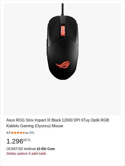 Asus ROG Strix Impact III Black 12000 DPI 6Tuş Optik RGB Kablolu Gaming (Oyuncu) Mouse