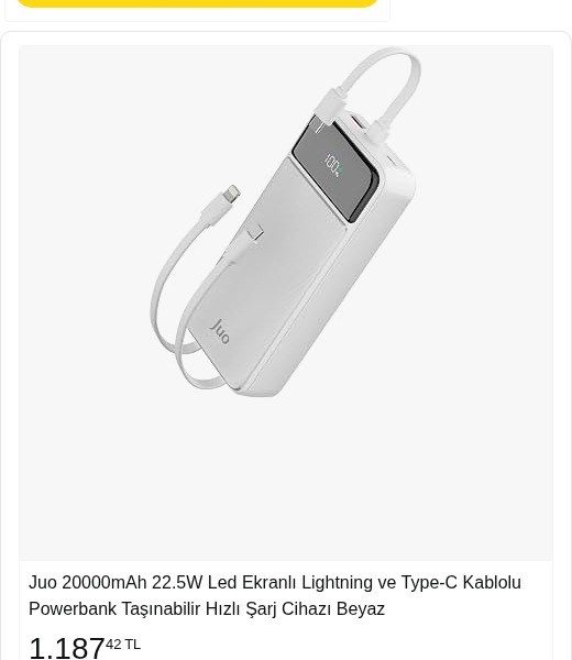 Juo 20000mAh 22.5W Led Ekranlı Lightning ve Type-C Kablolu Powerbank Taşınabilir Hızlı Şarj Cihazı Beyaz