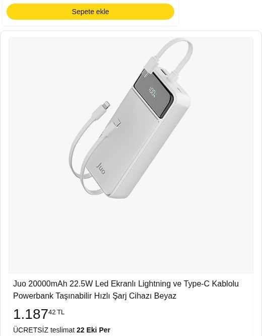Juo 20000mAh 22.5W Led Ekranlı Lightning ve Type-C Kablolu Powerbank Taşınabilir Hızlı Şarj Cihazı Beyaz