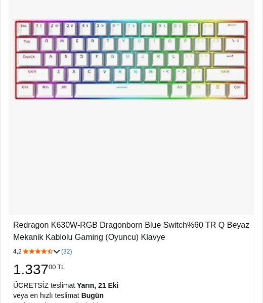 Redragon K630W-RGB Dragonborn Blue Switch%60 TR Q Beyaz Mekanik Kablolu Gaming (Oyuncu) Klavye