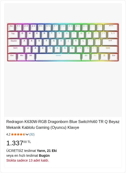 Redragon K630W-RGB Dragonborn Blue Switch%60 TR Q Beyaz Mekanik Kablolu Gaming (Oyuncu) Klavye