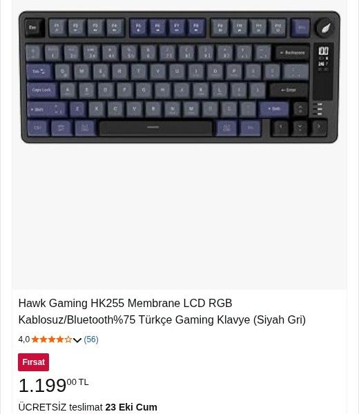 Hawk Gaming HK255 Membrane LCD RGB Kablosuz/Bluetooth%75 Türkçe Gaming Klavye (Siyah Gri)