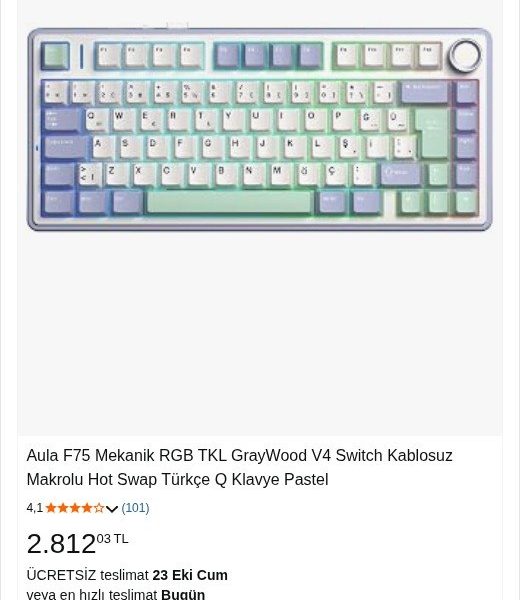 Aula F75 Bej RGB %75 TKL GrayWood V4 Switch Kablolu/Kablosuz Mekanik Oyuncu Klavyesi