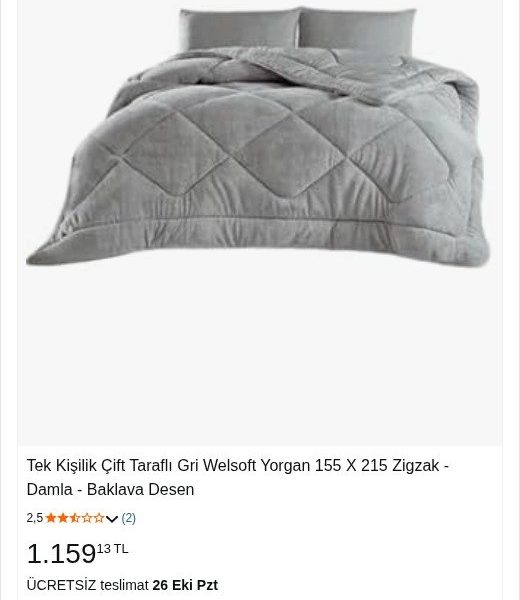 Tek Kişilik Çift Taraflı Gri Welsoft Yorgan 155 X 215 Zigzak – Damla – Baklava Desen