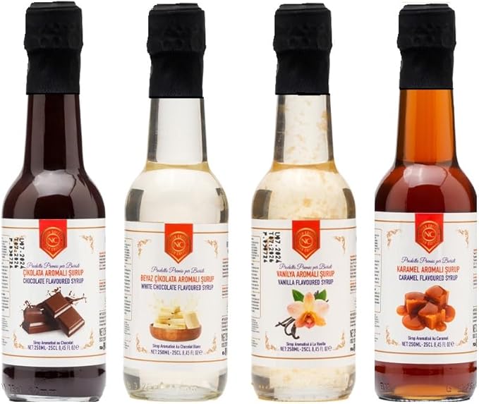 🚨 Nish Karamel, Vanilya, Çikolata, Beyaz Çikolata Aromalı Şurup 4’lü Set (4×250 ML) – Cam Şişe