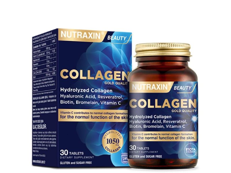 Nutraxin Collagen Gold Quality Tablet – Hidrolize Kolajen, C Vitamini, Hyaluronik Asit, Biotin, Çinko ve Resveratrol – 30 Tablet Nutraxin Collagen 🔎