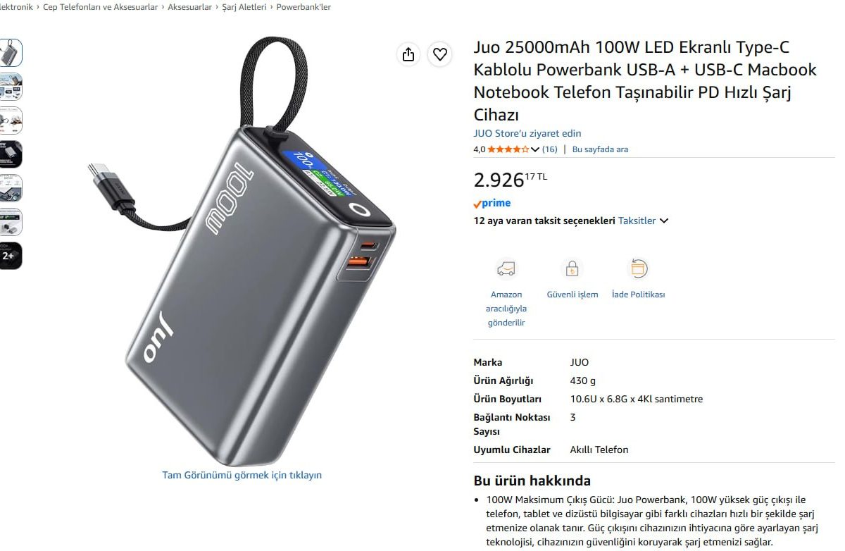 Juo 25000mAh 100W LED Ekranlı Type-C Kablolu Powerbank USB-A + USB-C Macbook Notebook Telefon Taşınabilir PD Hızlı Şarj Cihazı