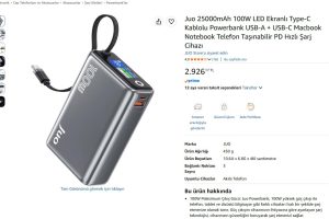 Juo 25000mAh 100W LED Ekranlı Type-C Kablolu Powerbank USB-A + USB-C Macbook Notebook Telefon Taşınabilir PD Hızlı Şarj Cihazı
