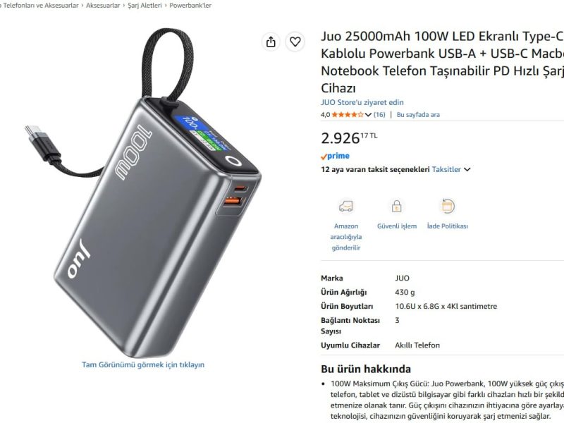 Juo 25000mAh 100W LED Ekranlı Type-C Kablolu Powerbank USB-A + USB-C Macbook Notebook Telefon Taşınabilir PD Hızlı Şarj Cihazı