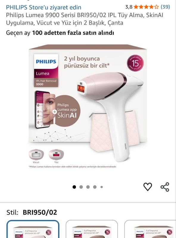 Philips Lumea 9900 Serisi BRI950/02 IPL Tüy Alma, SkinAIUygulama, Vücut ve Yüz için 2 Başlık, Çanta