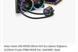 Antec Vortex 240 ARGB 240mm AIO Sıvı İşlemci Soğutucu, 2x120mm Fusion PWM ARGB Fan, Intel/AMD, Siyah
