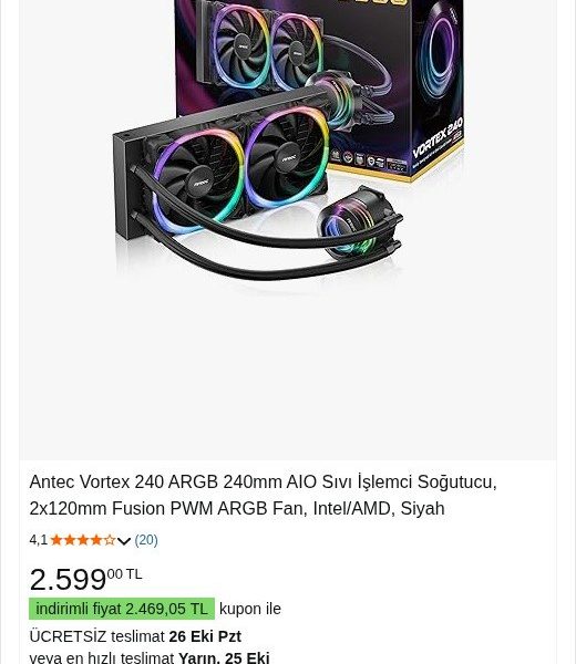 Antec Vortex 240 ARGB 240mm AIO Sıvı İşlemci Soğutucu, 2x120mm Fusion PWM ARGB Fan, Intel/AMD, Siyah
