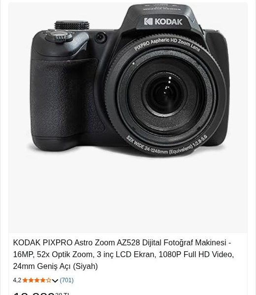 KODAK PIXPRO Astro Zoom AZ528 Dijital Fotoğraf Makinesi – 16MP, 52x Optik Zoom, 3 inç LCD Ekran, 1080P Full HD Video, 24mm Geniş Açı (Siyah)