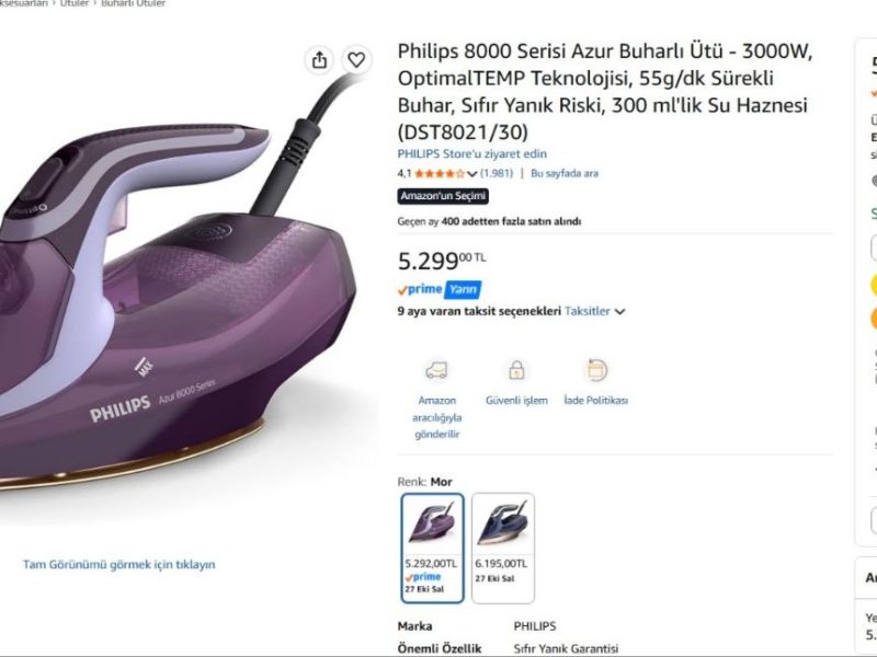 Philips 8000 Serisi Azur Buharlı Ütü – 3000W, OptimalTEMP Teknolojisi, 55g/dk Sürekli Buhar, Sıfır Yanık Riski, 300 ml’lik Su Haznesi (DST8021/30)