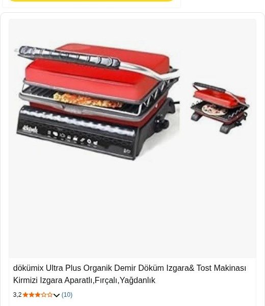 dökümix Ultra Plus Organik Demir Döküm Izgara& Tost Makinası Kirmizi Izgara Aparatlı,Fırçalı,Yağdanlık