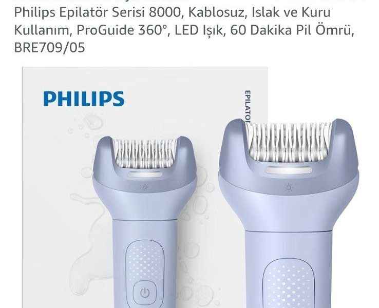 Philips Epilatör Serisi 8000, Kablosuz, Islak ve Kuru Kullanım, ProGuide 360°, LED Işık, 60 Dakika Pil Ömrü, BRE709/05