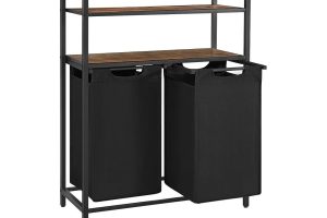 🛍️ VASAGLE çamaşır sepeti, çamaşır kutusu, 2 bölme, 2 raf, metal çerçeve, 2 x 46 litre, 73 x 33 x 91 cm, vintage kahverengi siyah BLH211B01
