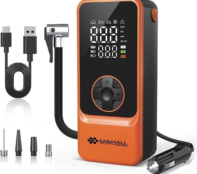 Enshall 6000mAh Şarjlı Mini Led Işıklı Araç Çakmaklık Kablolu Bisiklet, Top, Araç Lastik Şişirme Kompresörü