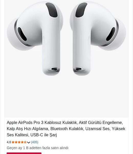 Apple AirPods Pro 3 Kablosuz Kulaklık, Aktif Gürültü Engelleme, Kalp Atış Hızı Algılama, Bluetooth Kulaklık, Uzamsal Ses, Yüksek Ses Kalitesi, USB-C ile Şarj