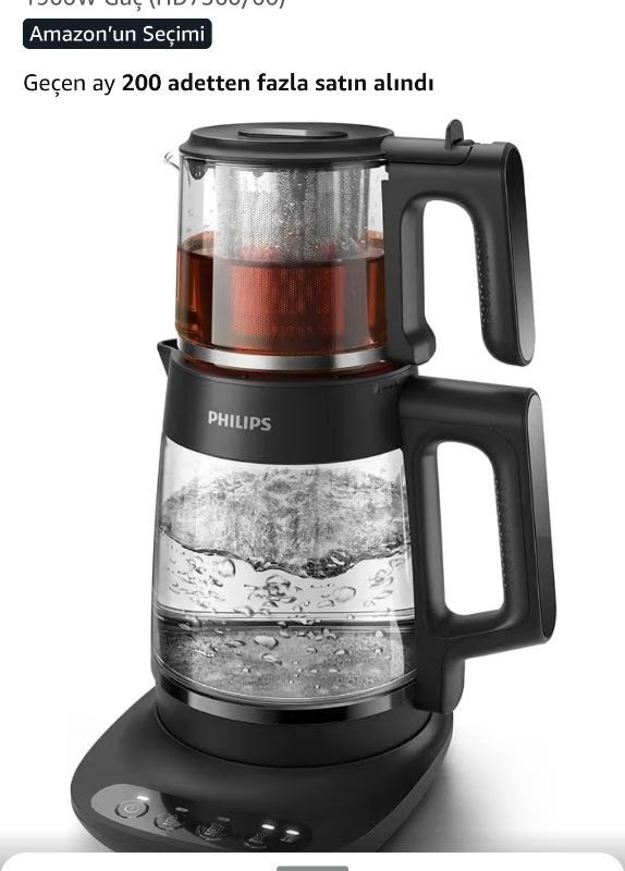 Philips 5000 Serisi Çay Makinesi – Otomatik Sıcak Tutma, 2,2L Ekstra Geniş Kapasite, 0,9L Cam Demlik, 1900W Güç (Hd7360/