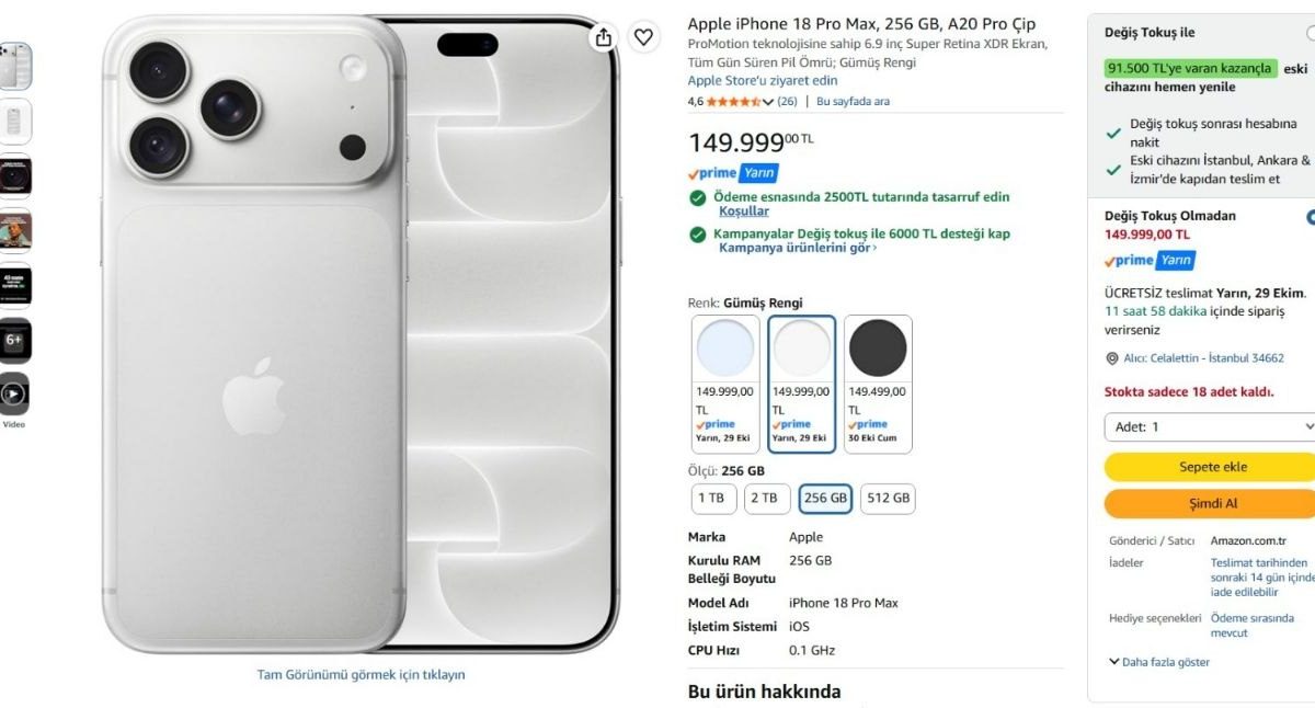 Apple iPhone 18 Pro Max, 256 GB, A20 Pro Çip — %98 İndirim