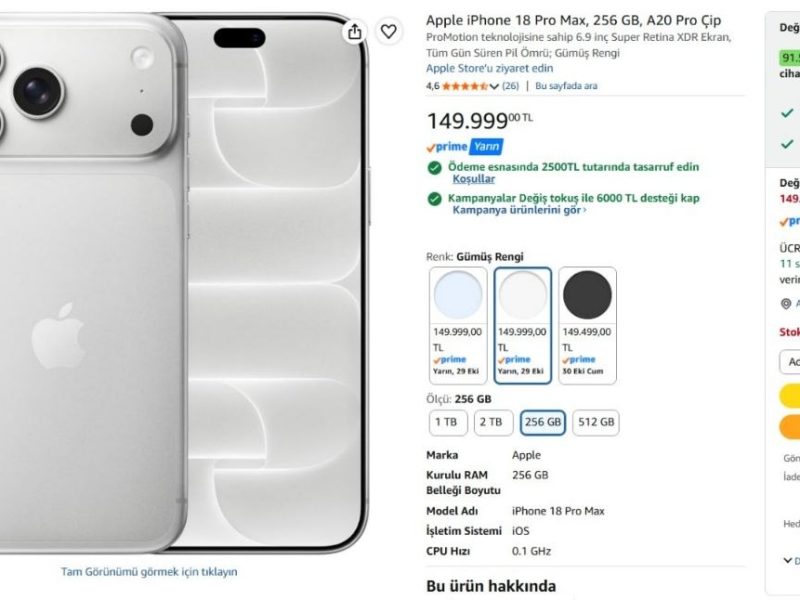 Apple iPhone 18 Pro Max, 256 GB, A20 Pro Çip — %98 İndirim