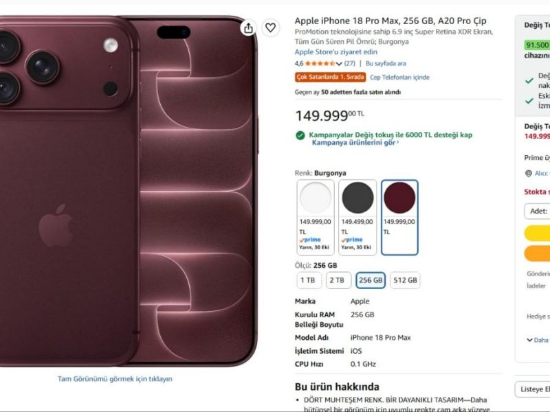 Apple iPhone 18 Pro Max, 256 GB, A20 Pro Çip