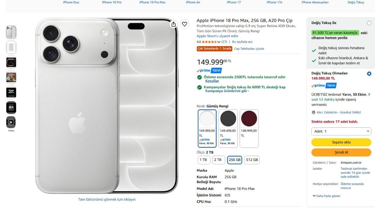 Apple iPhone 18 Pro Max, 256 GB, A20 Pro Çip — %98 İndirim