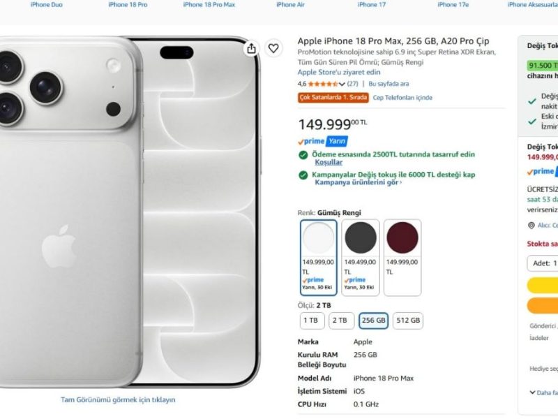 Apple iPhone 18 Pro Max, 256 GB, A20 Pro Çip — %98 İndirim