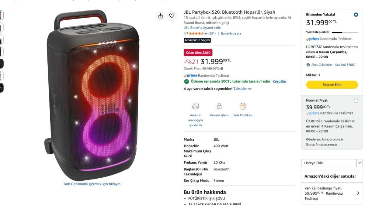 JBL Partybox 520, Bluetooth Hoparlör, Siyah — %98 İndirim