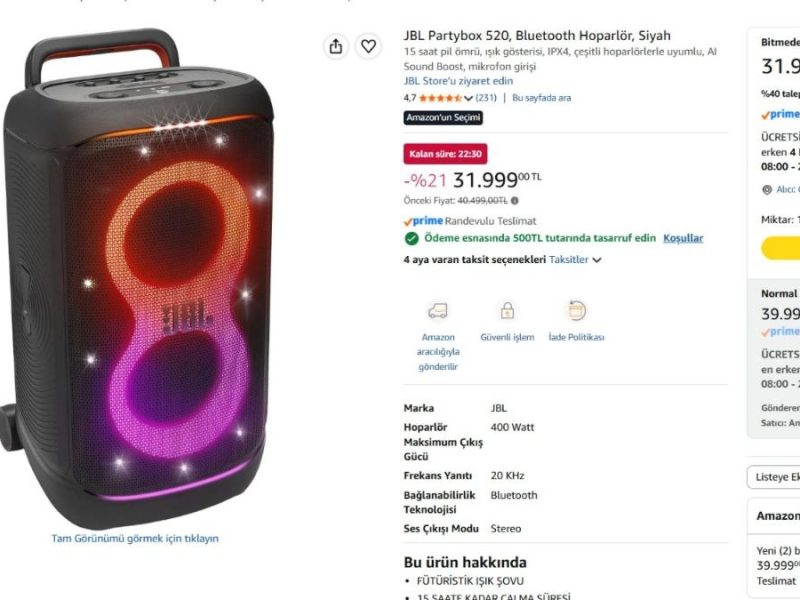 JBL Partybox 520, Bluetooth Hoparlör, Siyah — %98 İndirim
