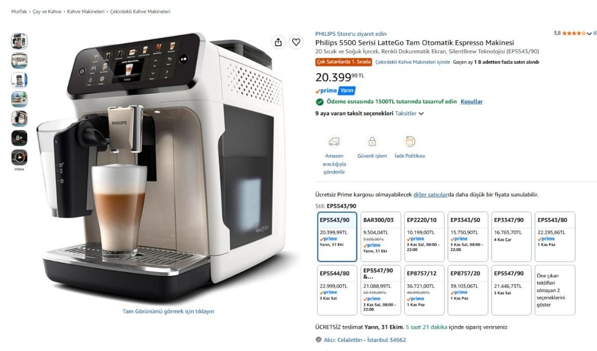 Philips 5500 Serisi LatteGo Tam Otomatik Espresso Makinesi 5543/90 — %92 İndirim