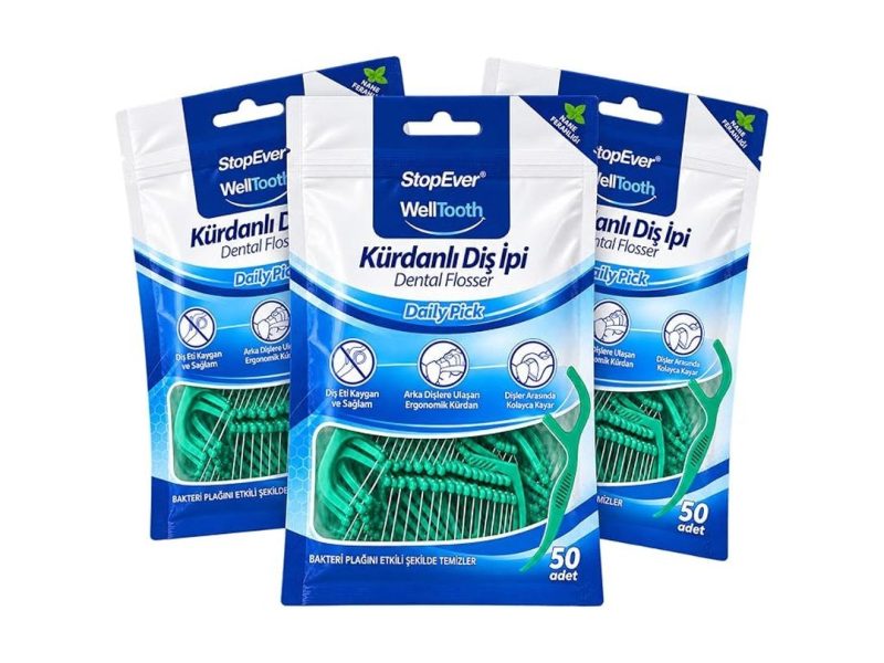 🛍️ StopEver Well Tooth Kürdanlı Diş İpi 3’lü Paket | Nane Aromalı | 150 Adet (3 x 50) | Diş Arası Temizliği, Ağız Hijyeni ve Günlük Kullanım için İdeal