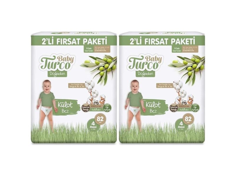 🛍️ Baby Turco Doğadan 2’li Fırsat Paketi Külot Bez 4 Numara Maxi 82 Adet (2 paketi)