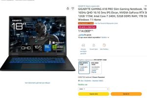 GIGABYTE GAMING A18 PRO Slim Gaming Notebook, 18 inç 165Hz QHD 16:10 3ms IPS Ekran, NVIDIA GeForce RTX 5070Ti 12GB 115W, Intel Core 7 240H, 32GB DDR5 RAM, 1TB SSD, Windows 11 Home