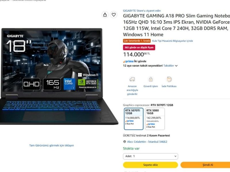 GIGABYTE GAMING A18 PRO Slim Gaming Notebook, 18 inç 165Hz QHD 16:10 3ms IPS Ekran, NVIDIA GeForce RTX 5070Ti 12GB 115W, Intel Core 7 240H, 32GB DDR5 RAM, 1TB SSD, Windows 11 Home